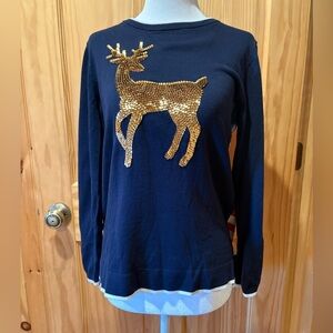 Crown & Ivy women's holiday sweater sequin gold deer size PM